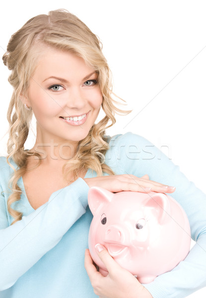 Foto stock: Mulher · piggy · bank · quadro · azul · retrato · financiar