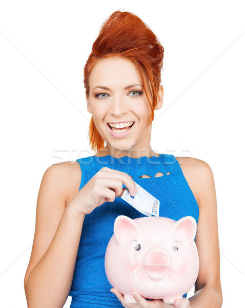 Stockfoto: Vrouw · cash · geld · spaarvarken · gelukkig · zakenvrouw