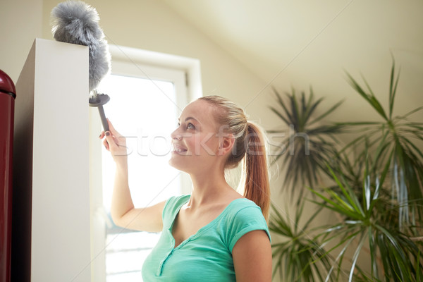 happy woman with duster cleaning at home Stock photo © dolgachov