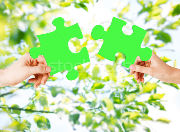 hands with green puzzle over natural background Stock photo © dolgachov