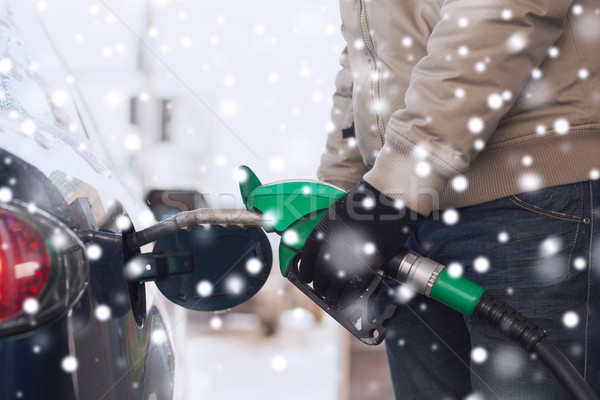 close up of man with fuel hose nozzle tanking car Stock photo © dolgachov