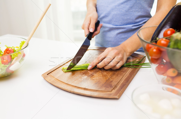 close up of woman chopping green onion with knife Stock photo © dolgachov