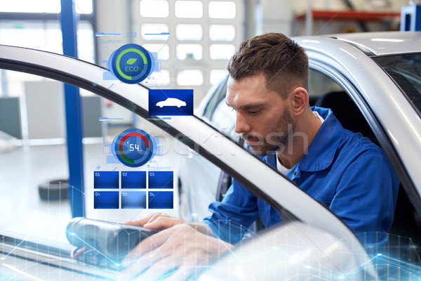 mechanic man with diagnostic scanner at car shop Stock photo © dolgachov