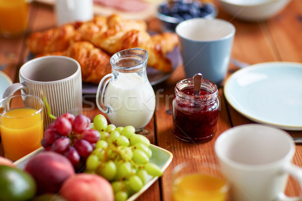 Stock photo: jar with jam on wooden table at breakfast