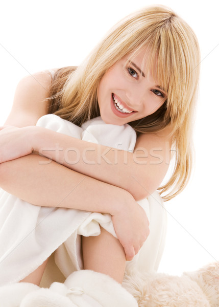ストックフォト: 十代の少女 · ベッド · 画像 · 美しい · 女性 · 幸せ