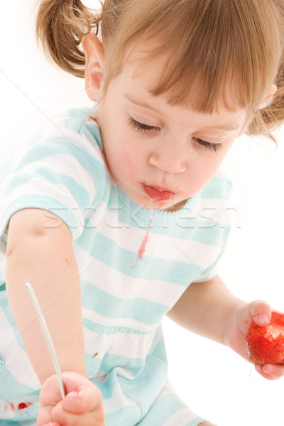 Stok fotoğraf: Küçük · kız · çilek · resim · beyaz · gıda · bebek
