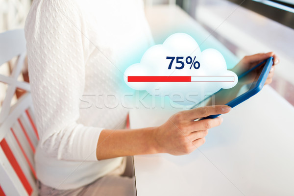Stock photo: close up of woman with tablet pc cloud computing