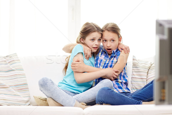 Foto stock: Miedo · niñas · viendo · horror · tv · casa