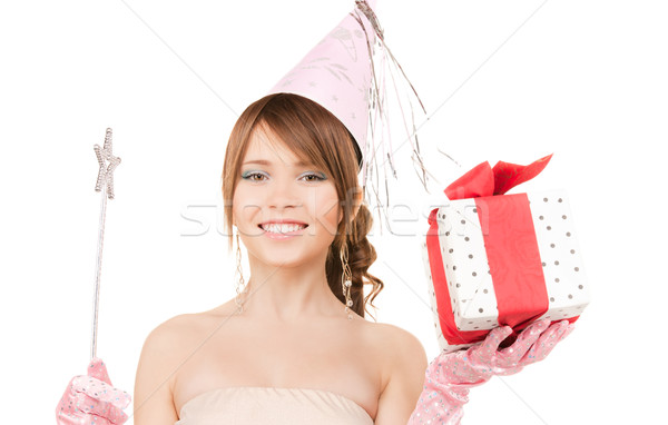 Foto stock: Fiesta · nina · varita · mágica · caja · de · regalo · feliz