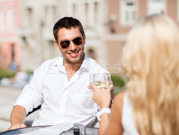 Stockfoto: Paar · drinken · wijn · cafe · zomer · vakantie