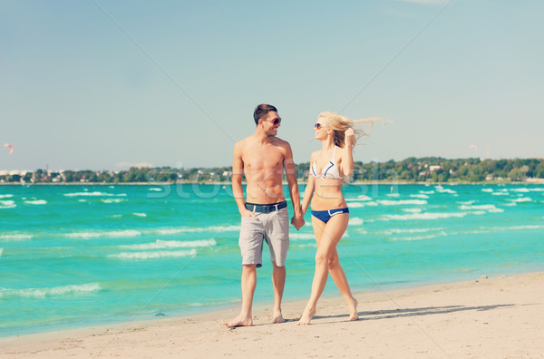 Stockfoto: Paar · lopen · strand · foto · gelukkig · vrouw