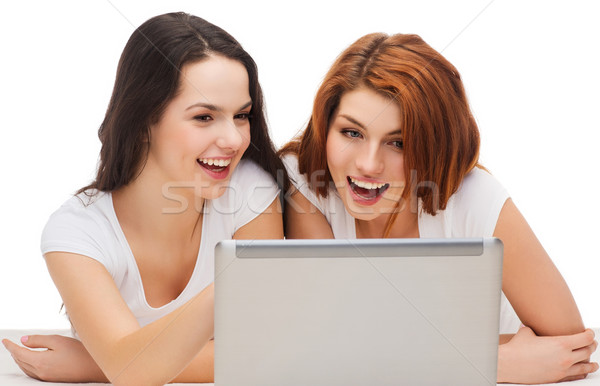 Stock photo: two smiling teenage girsl with laptop computer