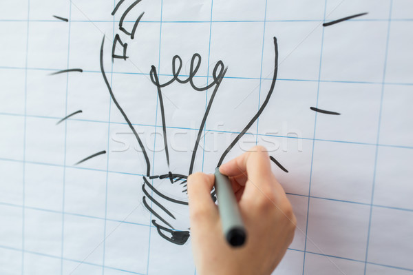 close up of hand drawing light bulb on flip chart Stock photo © dolgachov