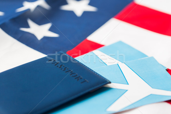 american flag, passport and air tickets Stock photo © dolgachov