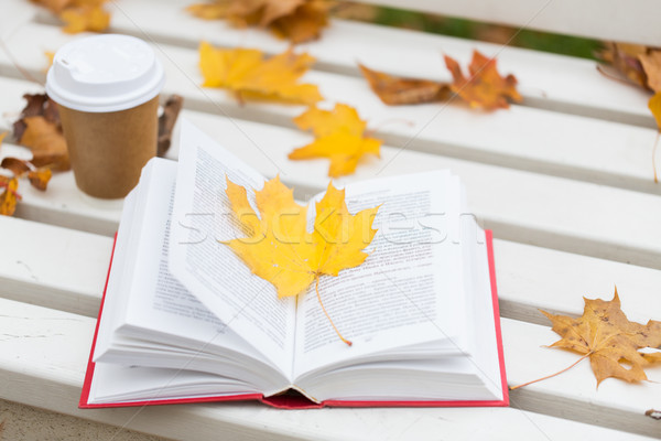 Foto d'archivio: Libro · aperto · tazza · di · caffè · panchina · autunno · parco · stagione