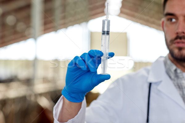 Medicul veterinar mână vaccin seringă fermă agricultură Imagine de stoc © dolgachov