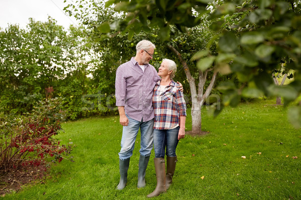 Boldog idős pár ölel nyár kert gazdálkodás Stock fotó © dolgachov