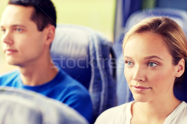 Stock photo: happy young woman sitting in travel bus or train