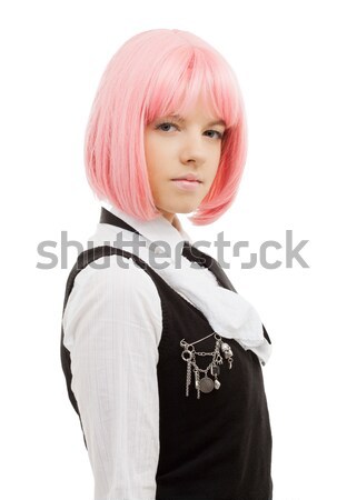 schoolgirl with pink hair showing middle finger Stock photo © dolgachov