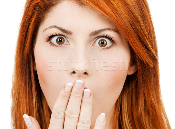 Stock photo: amazed woman with hand over mouth