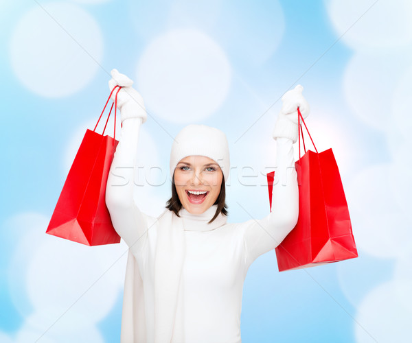 Stockfoto: Glimlachend · jonge · vrouw · Rood · geluk · winter