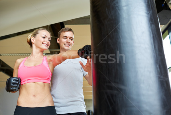 Сток-фото: улыбающаяся · женщина · Личный · тренер · бокса · спортзал · спорт · фитнес