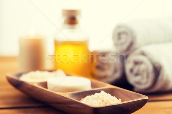 close up of soap, himalayan salt and scrub in bowl Stock photo © dolgachov