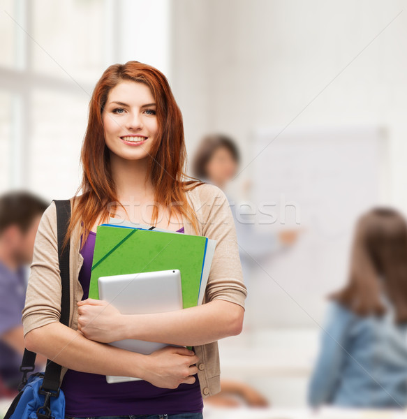 Foto stock: Sorridente · estudante · saco · educação