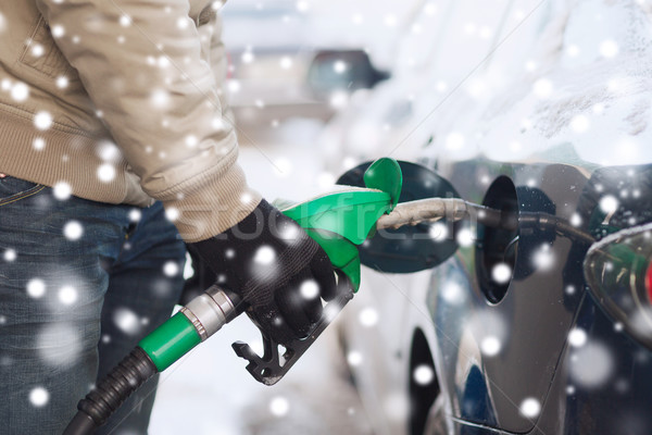 close up of man with fuel hose nozzle tanking car Stock photo © dolgachov