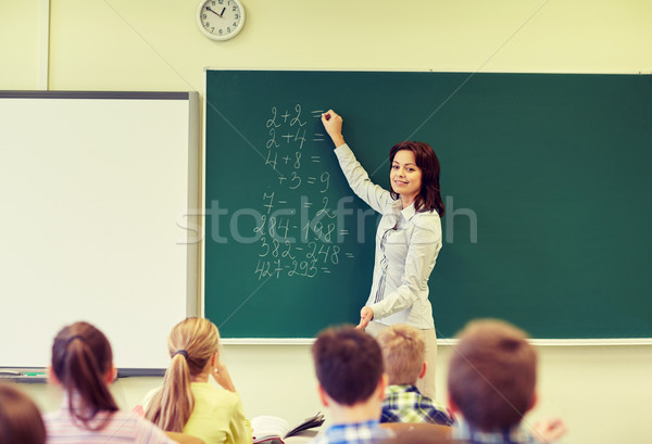 school kids and teacher writing on chalkboard Stock photo © dolgachov
