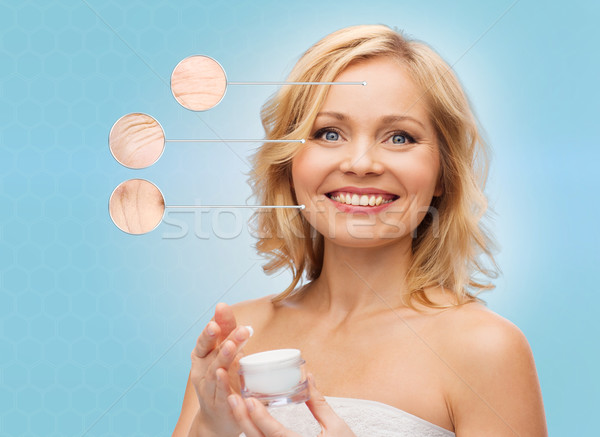 happy woman with anti-aging cream jar Stock photo © dolgachov