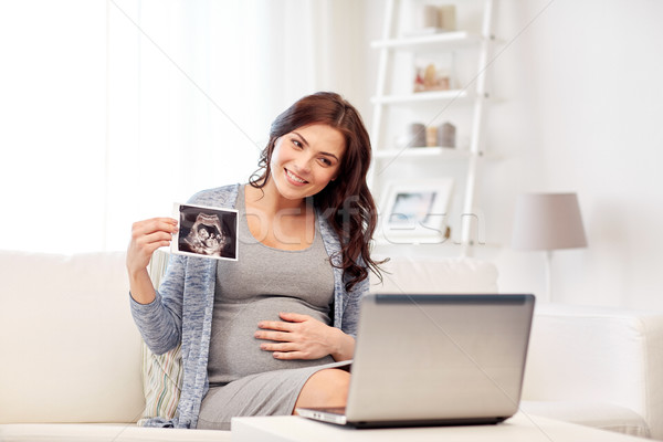 Foto stock: Feliz · mulher · grávida · ultra-som · imagem · casa · gravidez