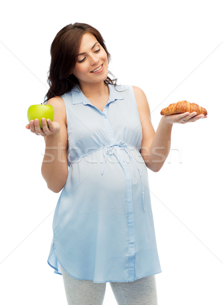 happy pregnant woman with apple and croissant Stock photo © dolgachov