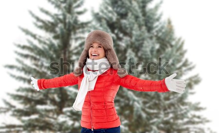 Stockfoto: Gelukkig · vrouw · winter · bont · hoed · buitenshuis