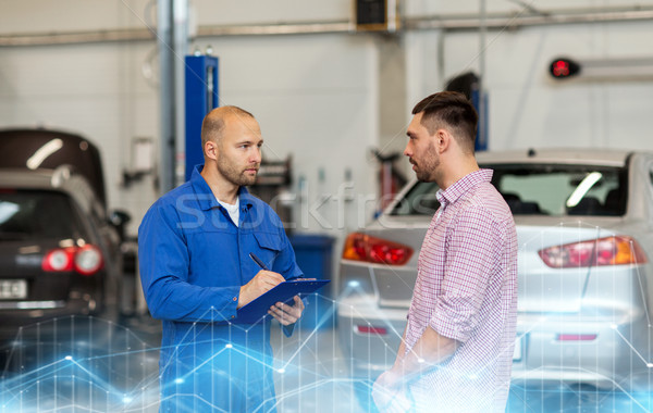 auto mechanic with clipboard and man at car shop Stock photo © dolgachov