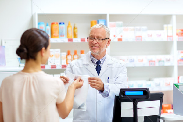 apothecary with cure and customer at pharmacy Stock photo © dolgachov