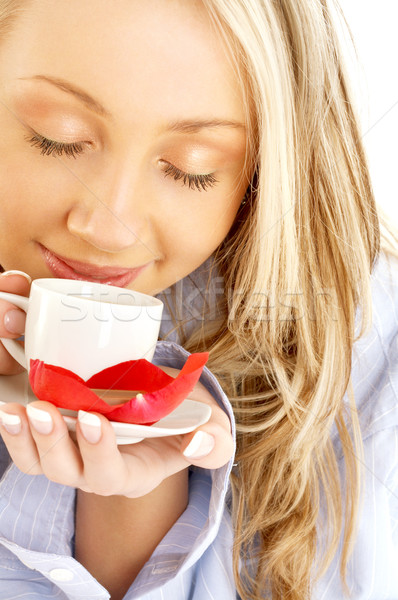 blond with cup of coffee and chocolate Stock photo © dolgachov