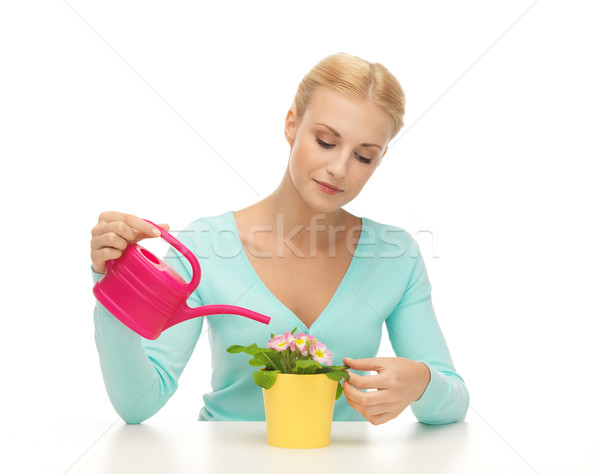 Foto stock: Ama · de · casa · maceta · regadera · mujer · nina · sonrisa