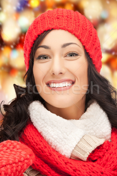 Stock photo: beautiful woman in hat, muffler and mittens