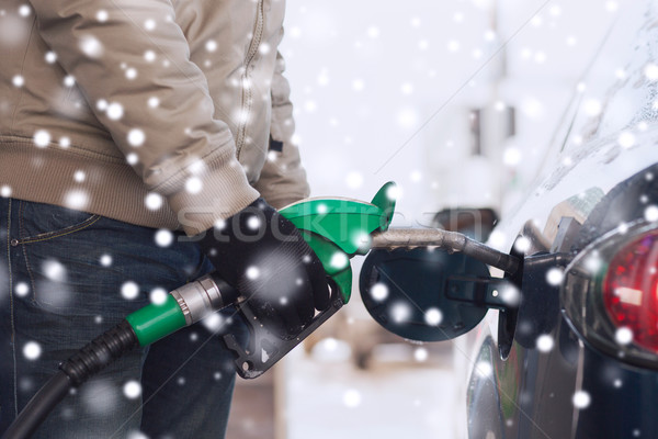 close up of man with fuel hose nozzle tanking car Stock photo © dolgachov
