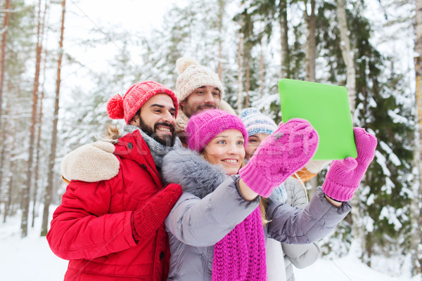 Stockfoto: Glimlachend · vrienden · winter · bos · technologie