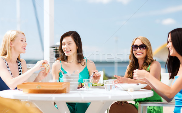 Stockfoto: Meisjes · cafe · strand · zomer · vakantie · vakantie