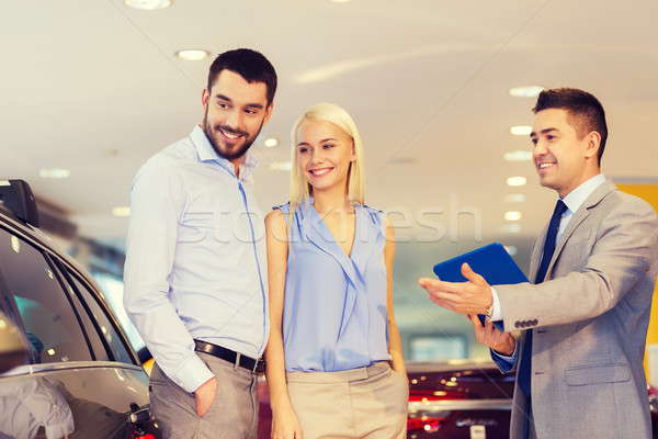 Mutlu çift araba satıcısı oto göstermek salon Stok fotoğraf © dolgachov