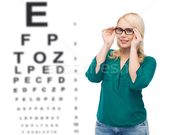 Mosolyog fiatal nő szemüveg előrelátás szemészet optika Stock fotó © dolgachov