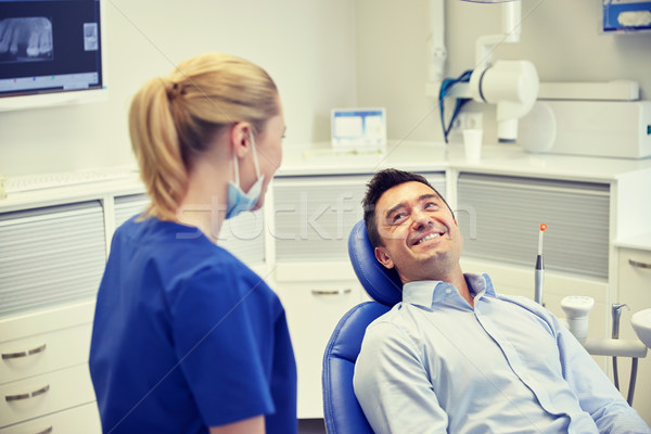 happy female dentist with man patient at clinic Stock photo © dolgachov