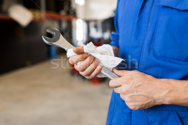 Stock photo: auto mechanic or smith with wrench at car workshop