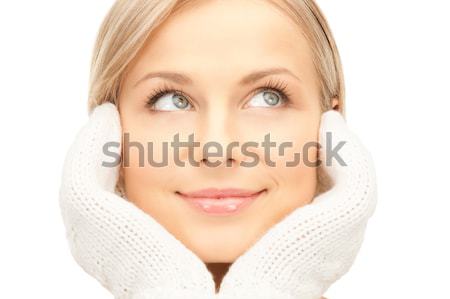 Stock fotó: Gyönyörű · nő · fehér · ujjatlan · kesztyűk · kép · nő · tél