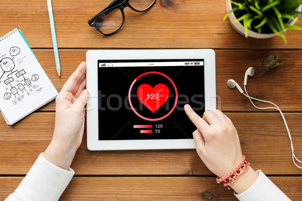 close up of woman with tablet pc on wooden table Stock photo © dolgachov