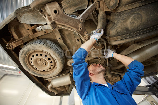 mechanic man or smith repairing car at workshop Stock photo © dolgachov