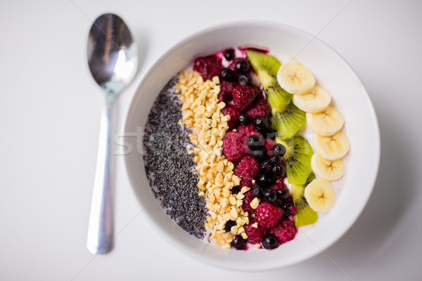 碗 酸奶 水果 種子 健康飲食 食品 商業照片 © dolgachov